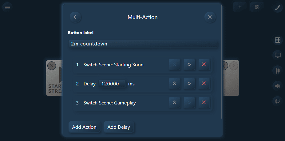 OBS Remote Control multi-action button configuration screen